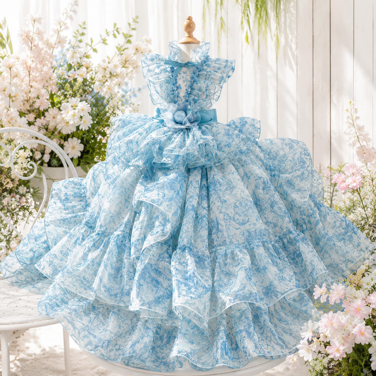 Blue Floral Pet Wedding Dress with Detachable Train