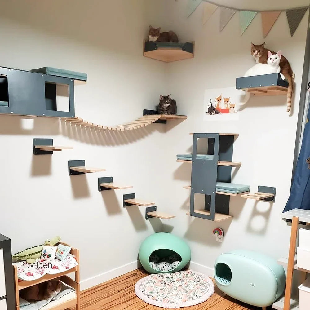 Cat Wall Mounted Climbing Wood Furniture Stairway with Hammock Cats Platform and Scratching Post for Kitten Playing and Rest
