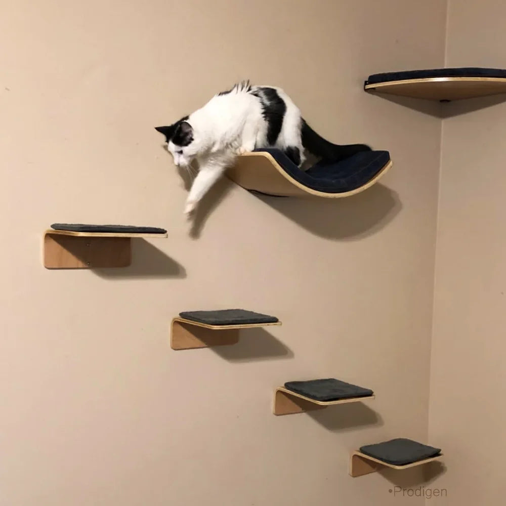 Cat Wall Mounted Climbing Wood Furniture Stairway with Hammock Cats Platform and Scratching Post for Kitten Playing and Rest