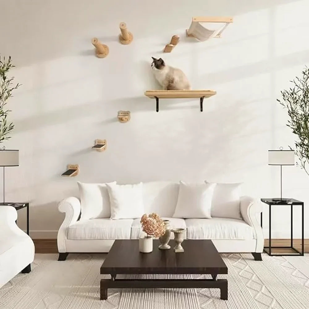 Cat Wall Mounted Climbing Wood Furniture Stairway with Hammock Cats Platform and Scratching Post for Kitten Playing and Rest