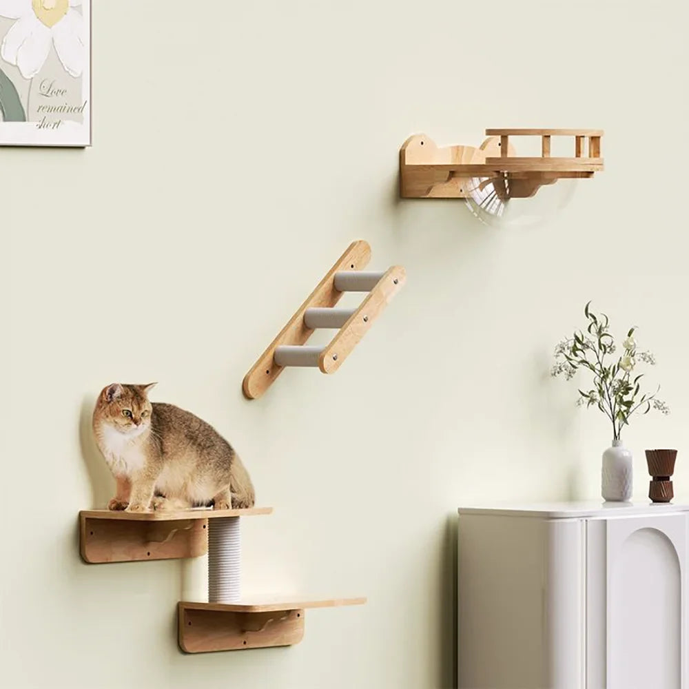 Cat Wall Mounted Climbing Wood Furniture Stairway with Hammock Cats Platform and Scratching Post for Kitten Playing and Rest