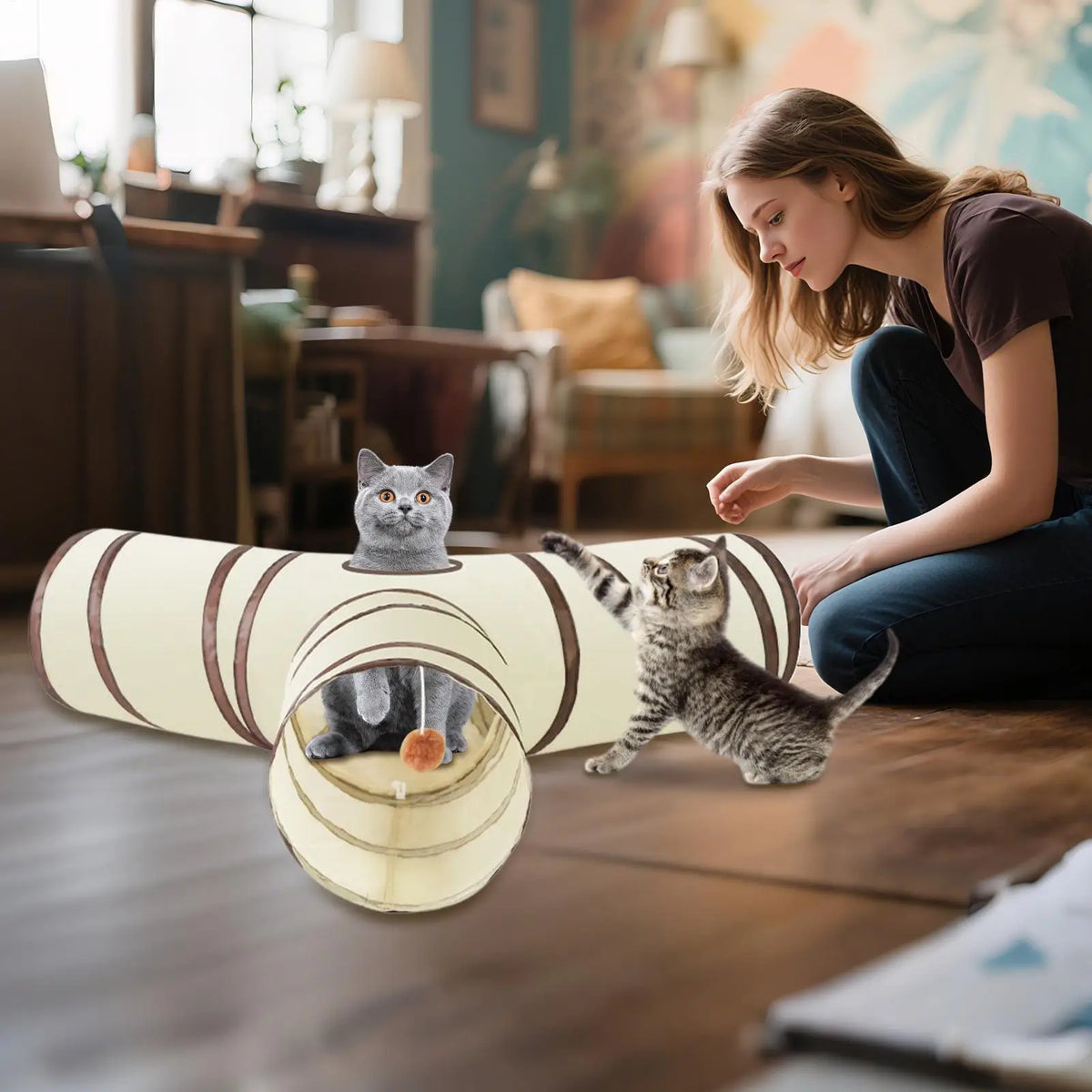 Cat Tubes and Tunnels 3-Way Kitten Tunnel Tube Cat Toys Pet Supplies with Peek Hole Ball for Indoor Kitten Small Animal Rabbit
