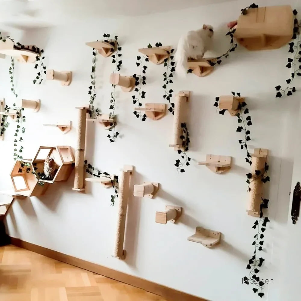 Cat Wall Mounted Climbing Wood Furniture Stairway with Hammock Cats Platform and Scratching Post for Kitten Playing and Rest
