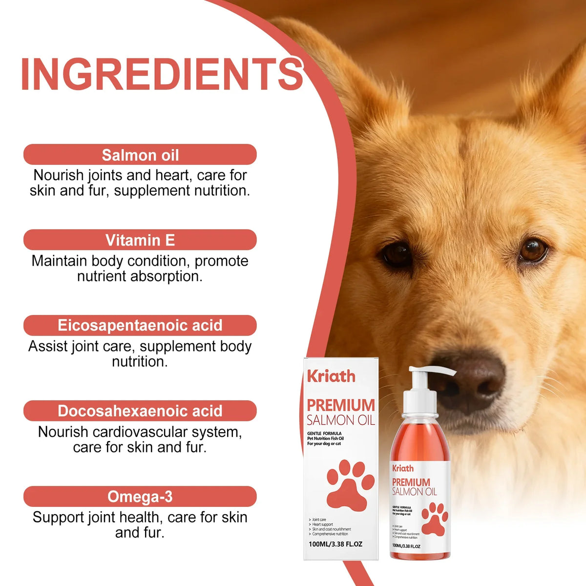 100ml Premium Salmon Oil for Dogs Omega 3 Fish Oil Liquid Supplement for Shiny Coat Dry Skin Relief Joint & Heart Care
