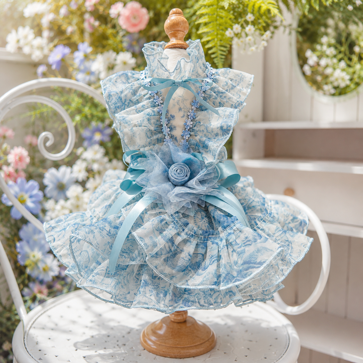 Blue Floral Pet Wedding Dress with Detachable Train