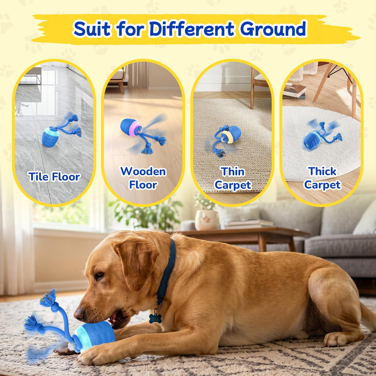 Interactive Dog Toys, Automatic Rolling Dogs Toy With Rope For Medium Large Dogs, Touch Activated Moving Dog Ball For Boredom